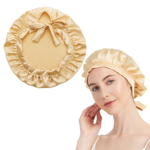 UEIOAVL Duschhauben, 1 Stück Maulbeerseide-Schlafmütze Duschhaube zum Binden Haarpflege-Schlafmütze mit elastischem Kordelzug schützende Haar-Schlafmütze für Frauen und Mädchen (Gold) von UEIOAVL