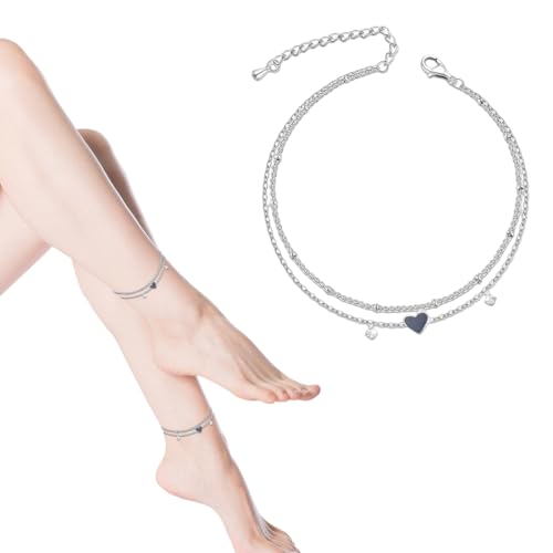 UEIOAVL Fußkettchen für Damen, Damen-Fußkettchen Herzform doppellagiger Charme verstellbares Strass-Perlen-Fußkettchen Strand-Fußschmuck Geschenk (Silber) von UEIOAVL