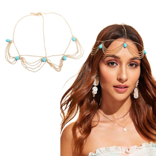 UEIOAVL Haarbänder für Damen, 1 Stück böhmische Kopfkette mit Quaste türkisfarbene Fransen Braut-Stirnband Haarband Festival-Haarschmuck für Frauen und Mädchen (Gold) von UEIOAVL