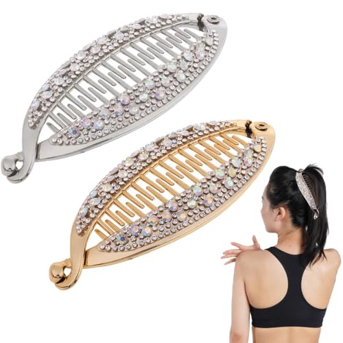 UEIOAVL Haarclips, 2 Stück Strass-Haarspangen im Vintage-Stil Bananenform Kristall-Clip-Kämme für dickes lockiges Haar Fischschwanz-Haar-Accessoires für Frauen und Mädchen (Gold, Silber) von UEIOAVL