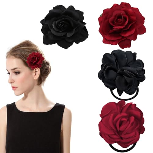 UEIOAVL Haarclips, 4-teiliges Set mit Blumen-Haarspangen und Blumen-Haarbändern elegant für Mädchen und Frauen für den Alltag Partys Strandhochzeiten (Schwarz, Burgunderrot) von UEIOAVL