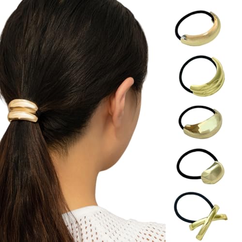 UEIOAVL Haargummis, 5 Stück Metall-Stirnbänder Pferdeschwanz-Stirnbänder elastische Stirnbänder dicke Haar-Stirnbänder Haar-Accessoires für Frauen (Gold) von UEIOAVL