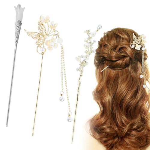 UEIOAVL Haarklammern, 3er-Pack Haarspangen mit Strasssteinen, chinesische Haarspangen Vintage-Quasten-Haarstäbchen Dutt Perlen Haar-Accessoires für Mädchen von UEIOAVL