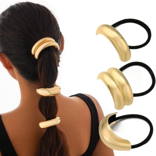 UEIOAVL Ponytail Holders, 3 Stück Haargummis aus Metall geometrische elastische Haargummis elegante Haargummis für Damen Metall-Haarspangen für Mädchen und Frauen (Gold) von UEIOAVL