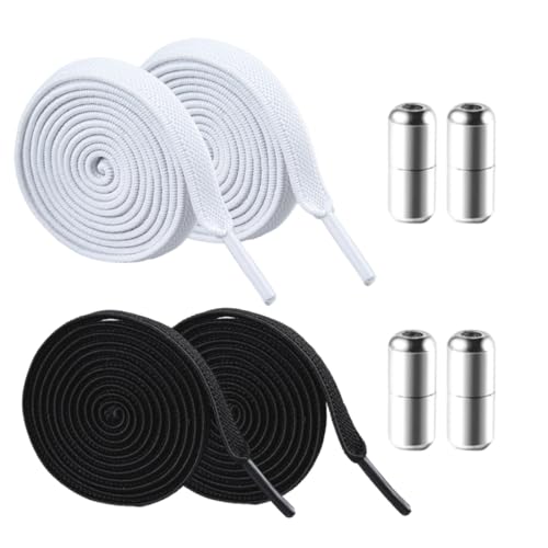 UEIOAVL Shoe Laces, 2 Paar flache Schnürsenkel mit Metallspitzen Kein Schnüren erforderlich Schnellverschluss Geeignet für Kinder und Erwachsene (schwarz, weiß) von UEIOAVL