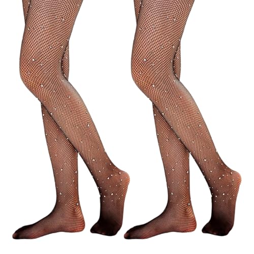 UEIOAVL Strumpfhosen für Mädchen, 2 Stück Mädchen-Netz-Leggings, Glitzer-Leggings mit Strasssteinen für Mädchen Kinder Gymnastik Tanz Rollenspiele Party (Schwarz) von UEIOAVL
