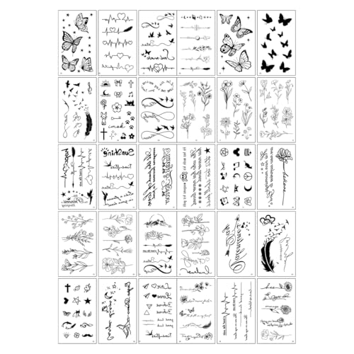 UEIOAVL Tattoos, 30 Blatt Fake Tattoos Temporäre Klebetattoos, Erwachsene Wasserfeste Tattoos Mädchen Arm Tattoos Selbstklebende Sticker Tattoo Aufkleber für Frauen Männer (Schwarz) von UEIOAVL