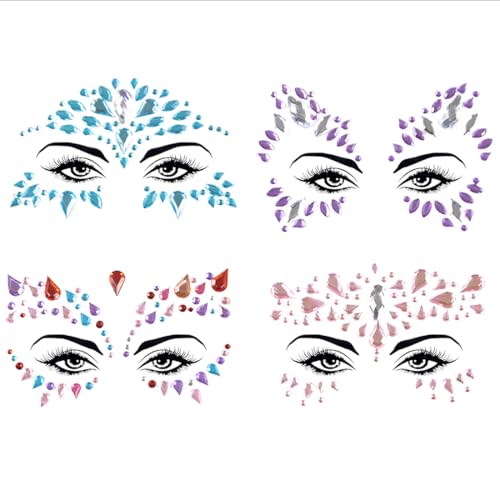 UEIOAVL Temporäre Tattoos, 4 Stück Gesichts-Edelsteine Urlaubs-Gesichts-Glitzer-Ornamente Urlaubs-Gesichtsschmuck selbstklebende Glitzersteine Kinder Frauen Urlaubsparty-Gesichtsaufkleber mehrfarbig von UEIOAVL