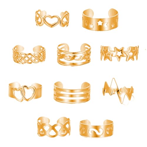 UEIOAVL Toe Rings, 10 Stück Zehenringe verstellbare Zehenringe herzförmige Sterne offene Zehenringe für Frauen und Mädchen Sommer Strand (Gold) von UEIOAVL