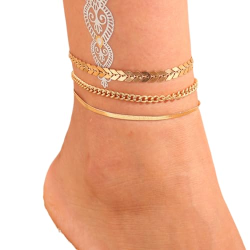 UEIOAVL Women's Anklets, 3-teiliges Set Damen-Fußkettchen aus Gold mehrreihiges Fußkettchen mehrreihiges Fußkettchen verstellbare Schlangenkette geeignet für den Alltag am Meer und Strand (Gold) von UEIOAVL