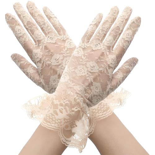 UEIOAVL Women's Gloves & Mittens, 1 Paar Spitzenhandschuhe für Damen kurze Spitzenhandschuhe formelle Handschuhe Netz-Brauthandschuhe Opernhochzeitsfeier Sommer-Halloween Anti-UV-Handschuhe (Beige) von UEIOAVL