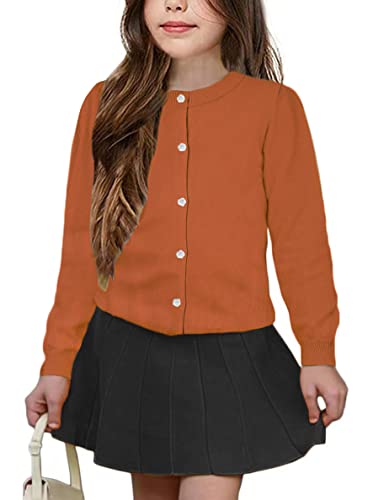 UELoop Mädchen-Strickjacke mit Rundhalsausschnitt [niedliche Blütenblatt-Knöpfe] Baumwolle Langarm Uniform Pullover für 5 6 5-6 5T 6Y Jahre Mädchen Brunt Orange von UELoop