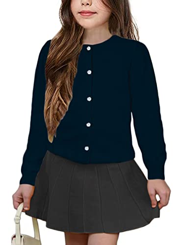 UELoop Mädchen-Strickjacke mit Rundhalsausschnitt [niedliche Blütenblatt-Knöpfe] Baumwolle Langarm Uniform Pullover für 5 6 5-6 5T 6Y Jahre Mädchen Marineblau von UELoop