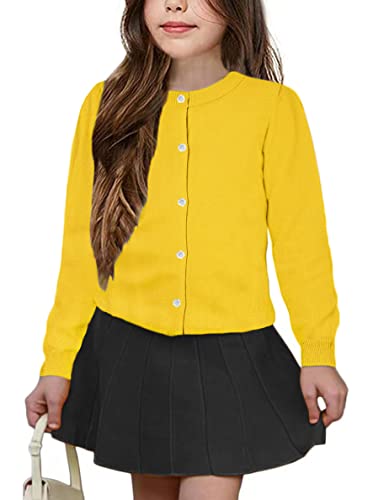 UELoop Mädchen-Strickjacke mit Rundhalsausschnitt [niedliche Blütenblatt-Knöpfe] Baumwolle Langarm Uniform Pullover für Size 13-14 13 14 Jahre Mädchen Gelb von UELoop