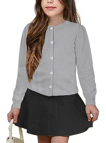 UELoop Mädchen-Strickjacke mit Rundhalsausschnitt [niedliche Blütenblatt-Knöpfe] Baumwolle Langarm Uniform Pullover für Size 13-14 13 14 Jahre Mädchen Grau von UELoop