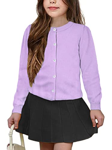 UELoop Mädchen-Strickjacke mit Rundhalsausschnitt [niedliche Blütenblatt-Knöpfe] Baumwolle Langarm Uniform Pullover für Size 9-10 9 10 Jahre Mädchen Lavendel Lila Violett von UELoop