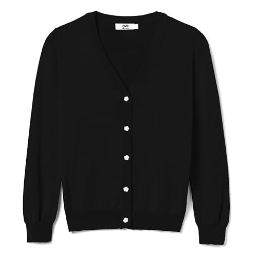 UELoop Strickjacke für Mädchen mit niedlichen Blütenblattknöpfen, Baumwolle, langärmelig, Rundhalsausschnitt, Uniform-Pullover für 5–14 Jahre Mädchen, #1 Schwarzer V-Ausschnitt, 9-10 Jahre UELoop Strickjacke für Mädchen mit niedlichen Blütenblattknöpfen, Baumwolle, langärmelig, Rundhalsausschnitt, Uniform-Pullover für 5–14 Jahre Mädchen, #1 Schwarzer V-Ausschnitt, 9-10 Jahre von UELoop
