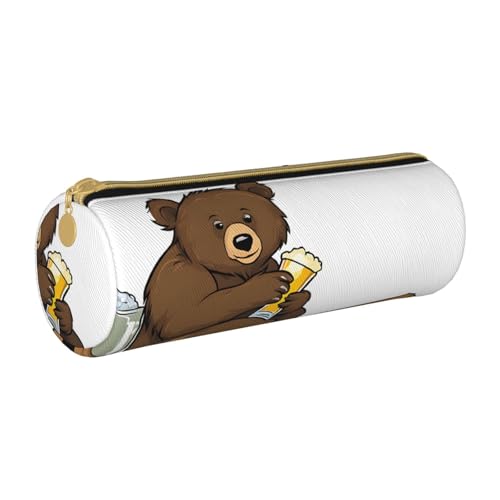 UENFFKDAP Bear Working Leather Pencil Case Student Pencil Case Zipper Pencil Case Cosmetic Bag Suitable for Schools and Offices, Unisex, weiß, Einheitsgröße, Kosmetiktasche von UENFFKDAP
