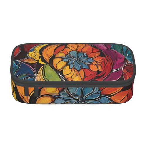 UENFFKDAP Blume Buntglas Große Kapazität Federmäppchen Schüler Federmäppchen Kosmetiktasche mit Reißverschluss Geeignet für Schulen und Büros Unisex, Schwarz , Einheitsgröße, Kosmetiktasche von UENFFKDAP