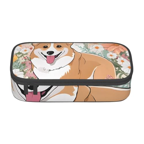 UENFFKDAP Corgi Floral Blumen Große Kapazität Federmäppchen Schüler Federmäppchen Kosmetiktasche mit Reißverschluss Geeignet für Schulen und Büros Unisex, Schwarz , Einheitsgröße, Kosmetiktasche von UENFFKDAP