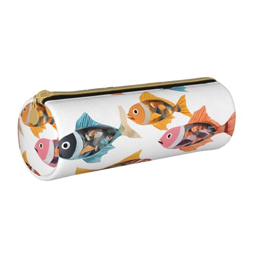 UENFFKDAP Federmäppchen aus Leder, buntes Fischmuster, Schüler-Federmäppchen, Reißverschluss, Kosmetiktasche, geeignet für Schulen und Büros, Unisex, weiß, Einheitsgröße, Kosmetiktasche von UENFFKDAP