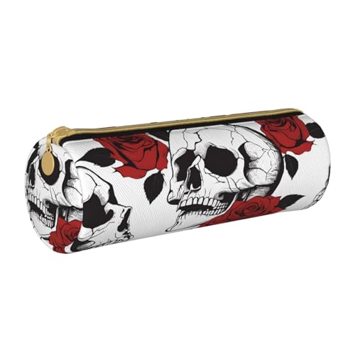 UENFFKDAP Federmäppchen aus Leder mit Blumenmuster und Totenkopf-Motiv, Schüler-Federmäppchen, Reißverschluss, Kosmetiktasche, geeignet für Schulen und Büros, Unisex, weiß, Einheitsgröße, von UENFFKDAP