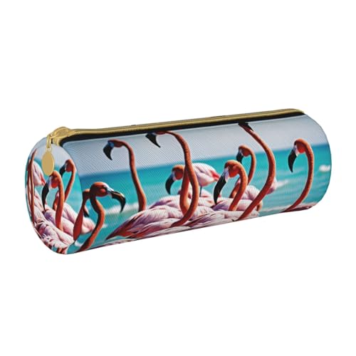 UENFFKDAP Flamingos On The Beach Leder Federmäppchen Schüler Federmäppchen Reißverschluss Federmäppchen Kosmetiktasche Geeignet für Schulen und Büros, Unisex, weiß, Einheitsgröße, Kosmetiktasche von UENFFKDAP