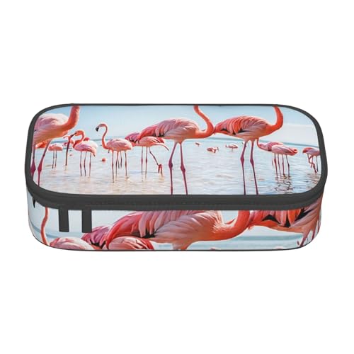 UENFFKDAP Flock of Pink Flamingos On Beach Große Kapazität Federmäppchen Schüler Federmäppchen Kosmetiktasche mit Reißverschluss Geeignet für Schulen und Büros Unisex, Schwarz , Einheitsgröße, von UENFFKDAP