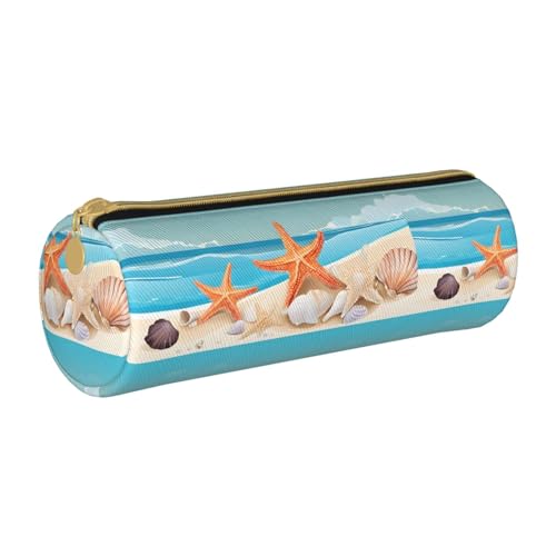 UENFFKDAP Seashells Sand Leder Federmäppchen Schüler Federmäppchen Reißverschluss Federmäppchen Kosmetiktasche Geeignet für Schulen und Büros, Unisex, weiß, Einheitsgröße, Kosmetiktasche von UENFFKDAP