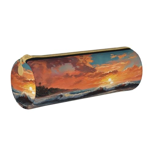 UENFFKDAP Strand Sonnenaufgang Leder Federmäppchen Schüler Federmäppchen Reißverschluss Federmäppchen Kosmetiktasche Geeignet für Schulen und Büros, Unisex, weiß, Einheitsgröße, Kosmetiktasche von UENFFKDAP