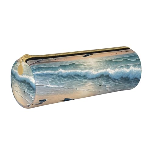 UENFFKDAP Strand Sonnenuntergang Wellen Leder Federmäppchen Schüler Federmäppchen Reißverschluss Federmäppchen Kosmetiktasche Geeignet für Schulen und Büros, Unisex, weiß, Einheitsgröße, von UENFFKDAP