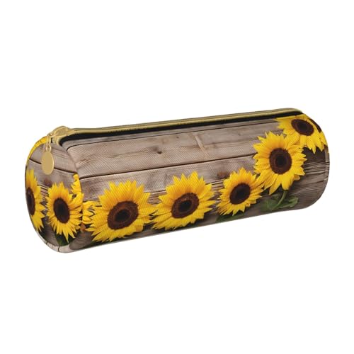 UENFFKDAP Sunflowers Holzbrett Leder Federmäppchen Schüler Federmäppchen Reißverschluss Federmäppchen Kosmetiktasche Geeignet für Schulen und Büros, Unisex, weiß, Einheitsgröße, Kosmetiktasche von UENFFKDAP