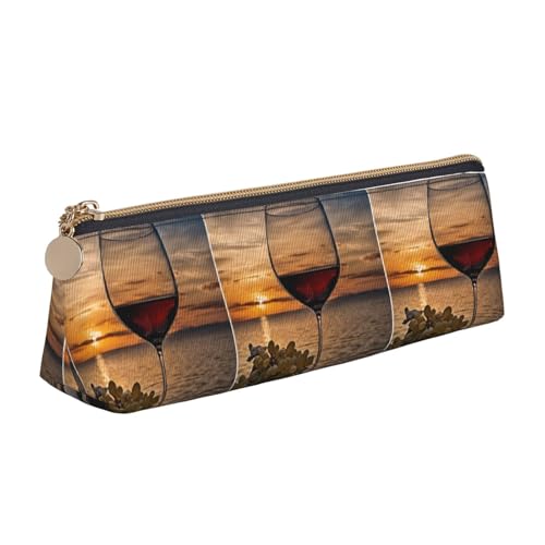 UENFFKDAP Sunset Weinglas Leder Federmäppchen Student Federmäppchen Reißverschluss Federmäppchen Kosmetiktasche Geeignet für Schulen und Büros, Unisex, weiß, Einheitsgröße, Kosmetiktasche von UENFFKDAP