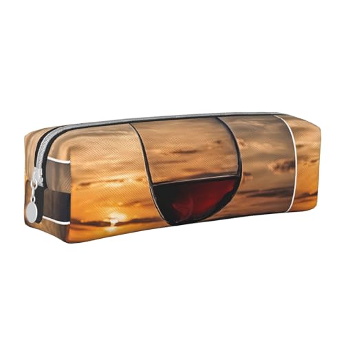 UENFFKDAP Sunset Weinglas Leder Federmäppchen Student Federmäppchen Reißverschluss Federmäppchen Kosmetiktasche Geeignet für Schulen und Büros, Unisex, weiß, Einheitsgröße, Kosmetiktasche von UENFFKDAP