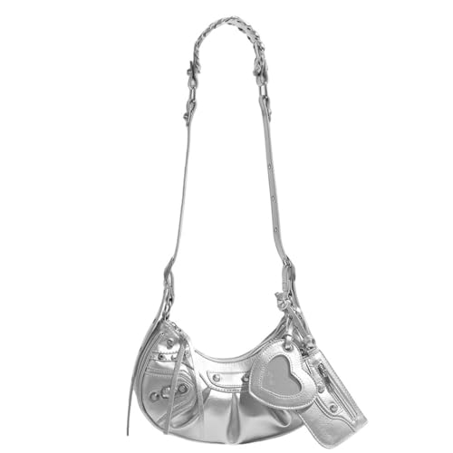 UERSJWYSO Achsel-Umhängetasche Für Frauen Weiches PU-Leder Niedliche Mini Hobo Trendige Umhängetaschen Mit Verstellbarem Riemen,Silber von UERSJWYSO