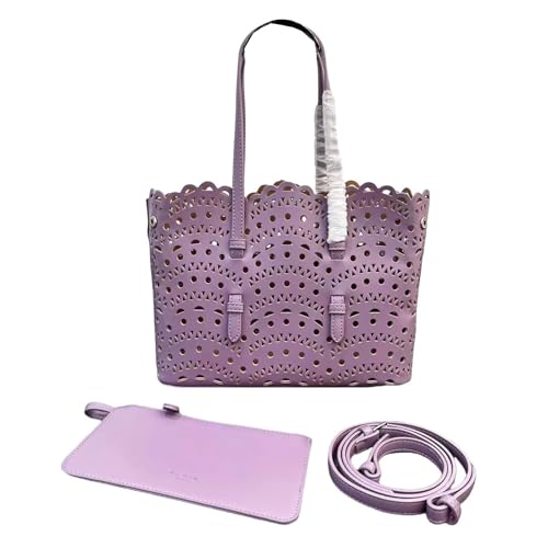 UERSJWYSO Ausgehöhlte Handtaschen aus Gewebtem Rindsleder für Damen, Modische Schultertaschen für den Sommer, Arbeit und Reisen mit Tragegriff Oben,Lila von UERSJWYSO