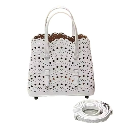 UERSJWYSO Ausgehöhlte Handtaschen aus Gewebtem Rindsleder für Damen, Modische Schultertaschen für den Sommer, Arbeit und Reisen mit Tragegriff Oben,Weiß von UERSJWYSO