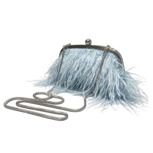 UERSJWYSO Damen-Abend-Clutch aus Straußenfedern mit Perlengriff Oben/Metallkette Flauschige Federhandtasche für Bankettpartys,Blue 1 von UERSJWYSO