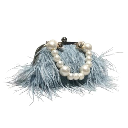 UERSJWYSO Damen-Abend-Clutch aus Straußenfedern mit Perlengriff Oben/Metallkette Flauschige Federhandtasche für Bankettpartys,Blue 2 von UERSJWYSO