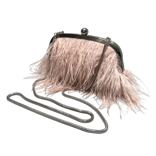 UERSJWYSO Damen-Abend-Clutch aus Straußenfedern mit Perlengriff Oben/Metallkette Flauschige Federhandtasche für Bankettpartys,Pink 1 von UERSJWYSO