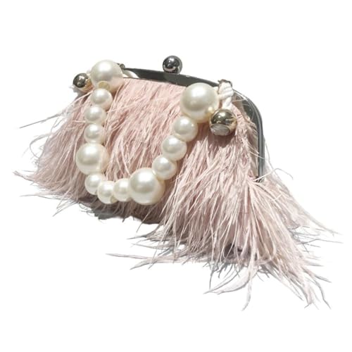 UERSJWYSO Damen-Abend-Clutch aus Straußenfedern mit Perlengriff Oben/Metallkette Flauschige Federhandtasche für Bankettpartys,Pink 2 von UERSJWYSO