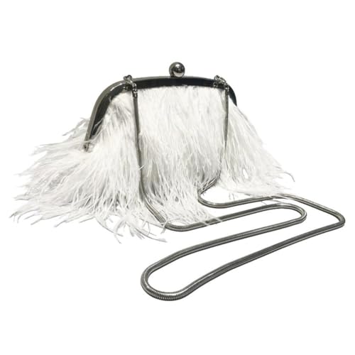 UERSJWYSO Damen-Abend-Clutch aus Straußenfedern mit Perlengriff Oben/Metallkette Flauschige Federhandtasche für Bankettpartys,White 1 von UERSJWYSO