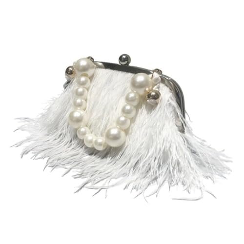 UERSJWYSO Damen-Abend-Clutch aus Straußenfedern mit Perlengriff Oben/Metallkette Flauschige Federhandtasche für Bankettpartys,White 2 von UERSJWYSO