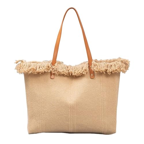 UERSJWYSO Damen Canvas Tragetaschen Große Casual Handtasche PU Leder Schultergurt Quaste Solide Top Griff Tasche,Khaki von UERSJWYSO