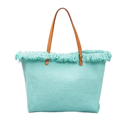 UERSJWYSO Damen Canvas Tragetaschen Große Casual Handtasche PU Leder Schultergurt Quaste Solide Top Griff Tasche,Light Blue von UERSJWYSO