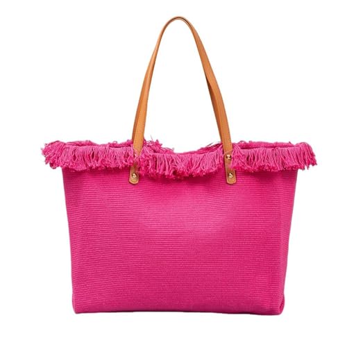 UERSJWYSO Damen Canvas Tragetaschen Große Casual Handtasche PU Leder Schultergurt Quaste Solide Top Griff Tasche,Rose red von UERSJWYSO