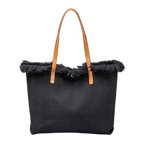 UERSJWYSO Damen Canvas Tragetaschen Große Casual Handtasche PU Leder Schultergurt Quaste Solide Top Griff Tasche,Schwarz von UERSJWYSO