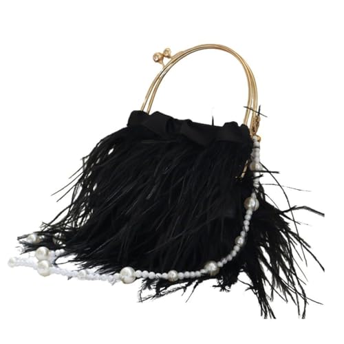 UERSJWYSO Damen-Clutch mit Straußenfedern Tragegriff Oben Perlenkette Flauschige Abendtasche Schultertasche für Damen,Schwarz von UERSJWYSO