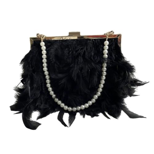 UERSJWYSO Damen Flauschige Feder Abendtaschen Mode Clutch Geldbörse Perlenkette Handtasche Umhängetasche für Hochzeitsfeier,Schwarz von UERSJWYSO
