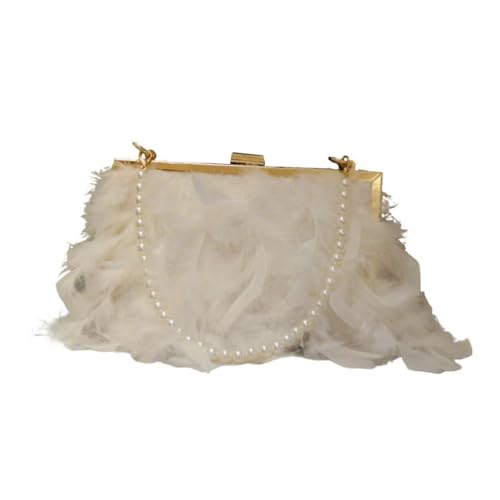 UERSJWYSO Damen Flauschige Feder Abendtaschen Mode Clutch Geldbörse Perlenkette Handtasche Umhängetasche für Hochzeitsfeier,Weiß von UERSJWYSO